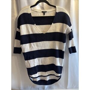 Express Women's Light Weight Sweater V-Neck Blue/White 1/4 Sleeve 100% Cotton XS